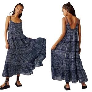 Free People M Blue Midnight Maxi Dress Tiered Eclipse Boho Festi Fits L XL 1X